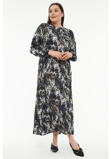 Mavi Desenli Elbise-617-mavi