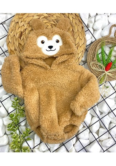Aden Kids Kapüşonlu Bebek Peluş Çıtçıtlı Body Kahverengi