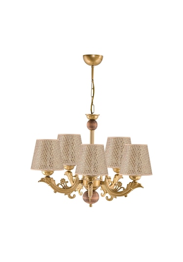 Beş Kollu Ahşaplı Eskitme Zamak Metal Döküm Avize Kahverengi Rattan Hasır Şapkalı Kahverengi