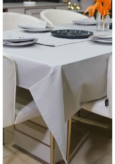 Dream 8 Parça Masa Örtüsü Seti Çeyiz Seti Salon Masa Örtüsü, Runner, 6'lı Peçete Açık Gri