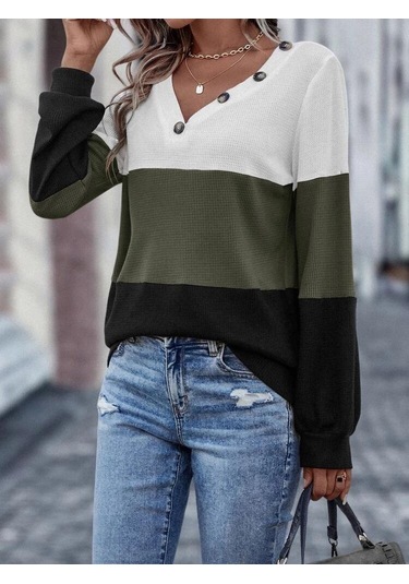 Kadın Uzun Kollu V Yakalı Düğmeli Çok Renkli Waffle Bluz Beyaz