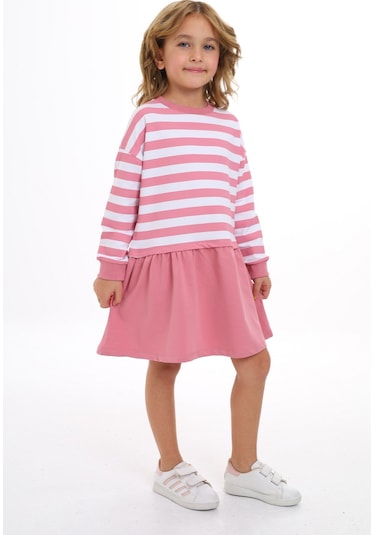 Toontoy Kız Çocuk Çizgili Elbise Gülkurusu
