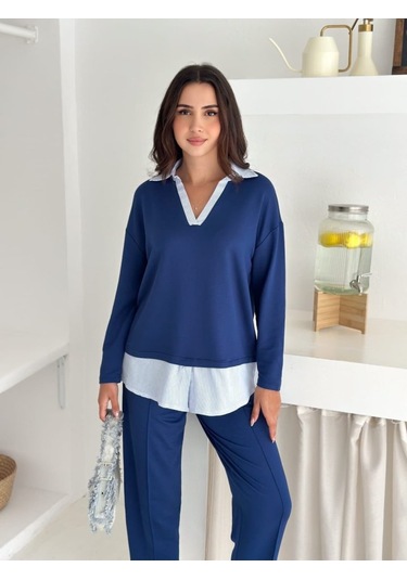 Polo Yaka Gömlekl Detay Salaş Balon Pantolunlu Ikılı Takım mavi