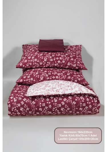 Elart Jasmin Nevresim Takımı Tek Kişilik %100 Pamuk Ranforce Lastikli Çarşaf 160x220 Cm Bordo Bordo
