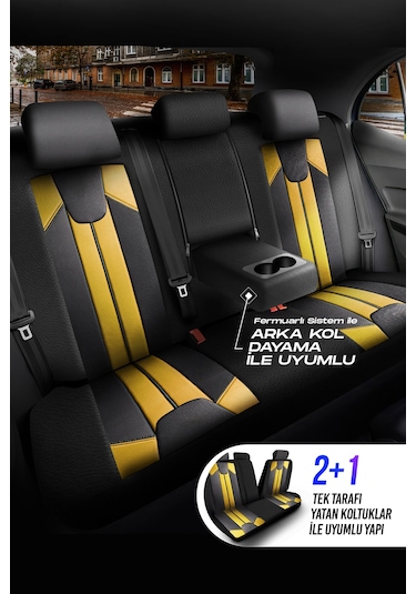 Siyah - Sarı Panda Carlone Serisi Ful Deri Oto Koltuk Kılıfı - Tam Set