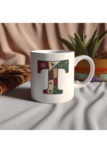 T Harfi Yılbaşı Temalı Kupa Bardak - Yeni Yıl Konsept Yamalı Efekt Tasarım - Noel Hediye Beyaz