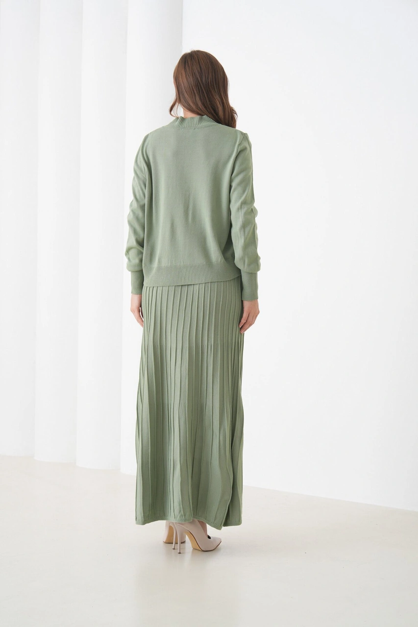 Kadın Pileli Etek Kazağı V Tasarım Tesettüre Uygun Örgü Triko Etek Kazak Takım Mint Yeşili