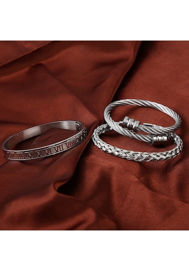 Chavin 3 Lü Örgü Roma Rakam Kelepçe Çelik Erkek Bileklik Eu25 Gri
