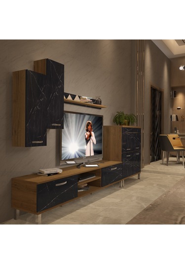 Decoraktiv Eko 6 Mdf Dvd Krom Ayaklı Tv Ünitesi Tv Sehpası Pera - Siyah Mermer