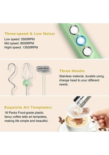 Soulader El Şarj Edilebilir Mini Süt Köpürtücü - 3 Hız Ayarı İle Latte, Cappuccino Ve Sıcak Çikolata Hazırlama Aleti Taşınabilir Kahve Köpürtücü Yeşil