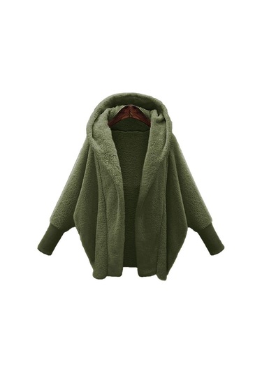 Sonbahar Ve Kış, Kadın Giyim Düz Renk Uzun Kollu Kapşonlu Bol Peluş Ceket Kadın Haki Yeşil