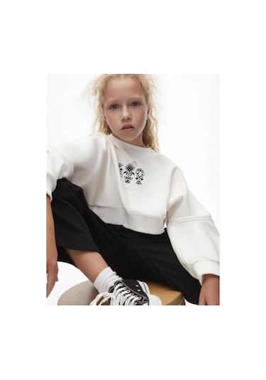 Kız Çocuk Pamuklu İki İplik Gün Işığı Sweatshirt-14709 Ekru