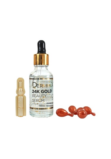 Derminix 24K Gold Beauty Serum 30 ML +  E Vitamini Ginseng Cilt Bakım Kapsülü + Anti-Age Cilt Bakım Ampulü 6 x 2 ML