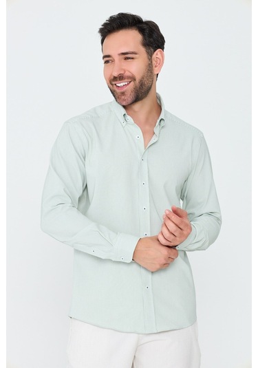 White Stone Açık Yeşil İnce Çizgili Dynamic Fit Uzun Kollu Erkek Gömlek