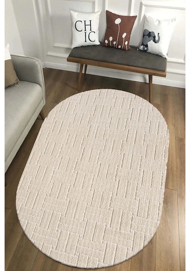 Salon Halısı Krem Kaymaz Taban Yumuşak Oval