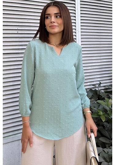 Mint Uzun Truvakar Kol, Öpücük Yaka, Ponponlu Kumaş Basic Kesim Bluz - Tesettüre Uygun Mint