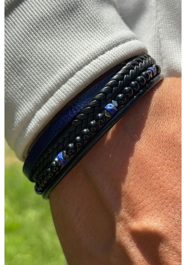 Siyah Taşlı Örgülü El İşçiliği İle Üretilmiş Hakiki Deri Erkek Bileklik Siyah - Mavi