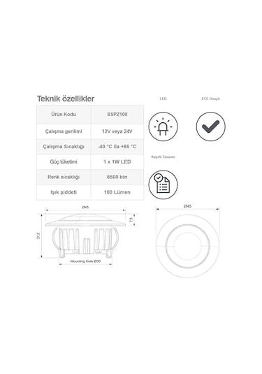 Sanel Power Spot Led Lamba 12-24v1w Beyaz Sspz100w