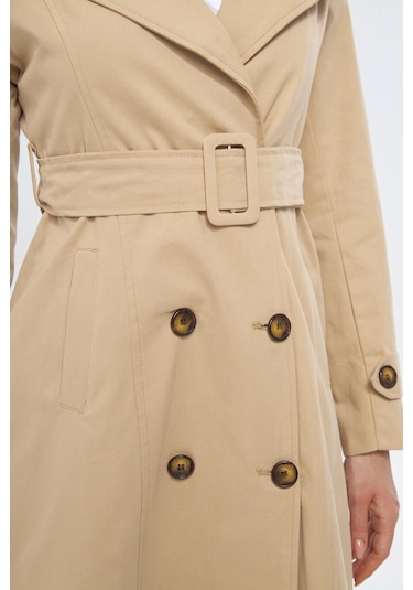%100 Pamuk Ekstra Uzun 120cm Kruvaze Kadın Trençkot 1121 Açık Bej