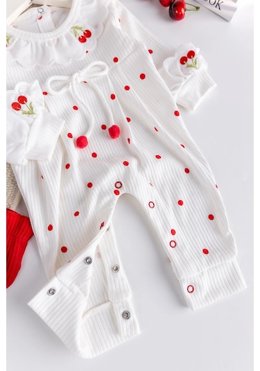 Kiraz İşlemeli Pamuklu Kız Bebek Tulum Kırmızı