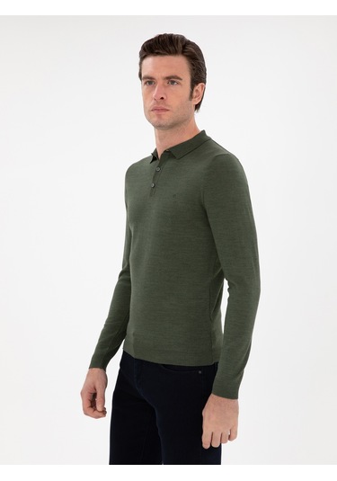 Cacharel Haki Slim Fit Yün Karışımlı Polo Yaka Basic Triko Kazak Yesıl