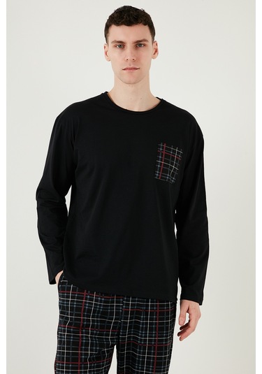 Buratti Ekoseli Cepli Beli Lastikli % 100 Pamuk Regular Fit Erkek Pijama Takımı 6572001 Siyah-Füme