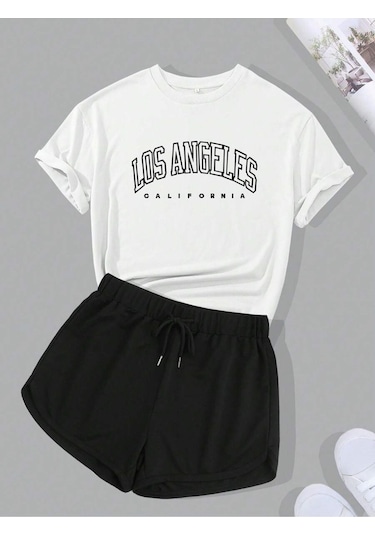 Harmandar Kadın Los Angeles Baskılı T-shirt Şort Takım Beyaz-siyah