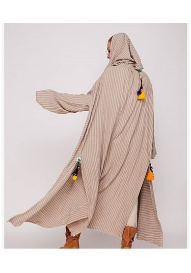 Etnik Tasarım Cadı Kapşonlu Keten Kaftan-Standart Krem