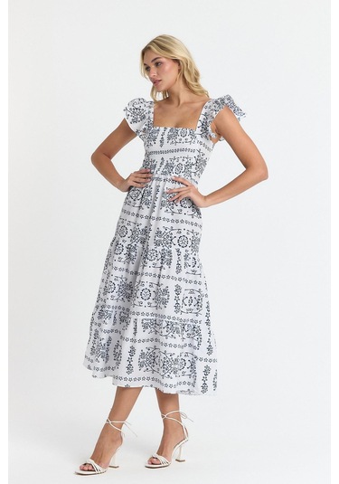 Apsen Kadın Beli Gipeli Kolu Fırfır Detaylı Midi Dokuma Elbise 4510-105 Beyaz