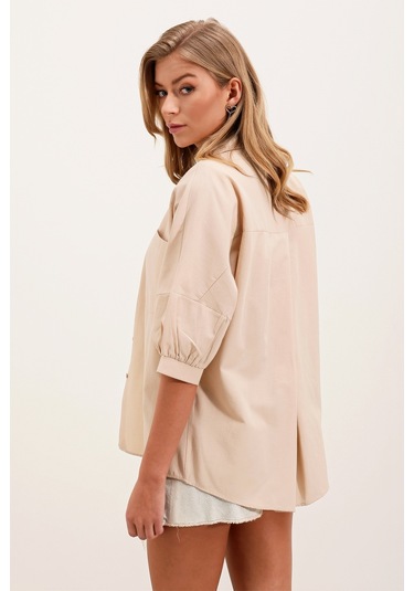 20213 Oversize Kısa Kol Basic Gömlek - Krem 001