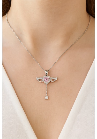 Angelight 925 Ayar Gümüş Melek Kanatlı Pembe Taş Kalpli Kadın Kolye Ort. Gümüş
