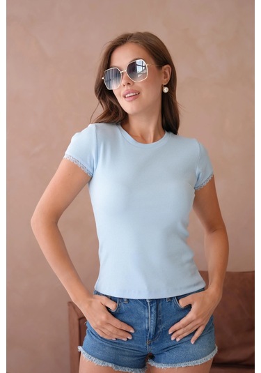 Dantel Detaylı Örme Body Bluz Mavi