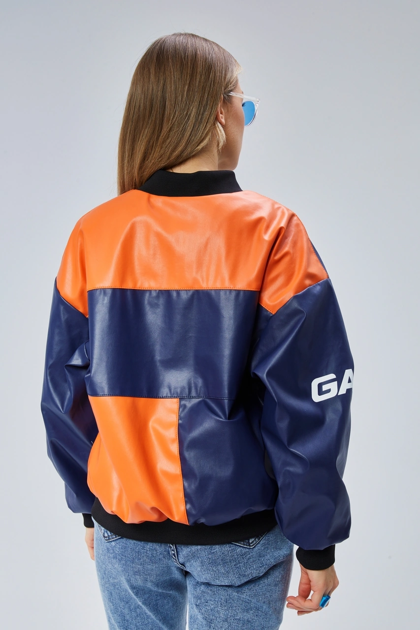 Kadın Oversize Baskılı Deri Motorcu Montu Fermuarlı Yarışçı Ceket Astarlı Bomber Kolej Mont Lacivert