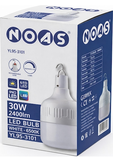 Noas 30w Şarjlı Smd Led Ampül 2400lm Ip20 3 Mod Beyaz Işık Çengelli