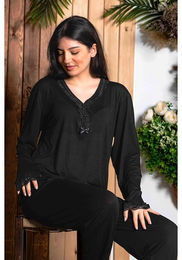 Nisanca Uzun Kollu Bambu Anne Pijama Takımı- Genç Anne Serisi Siyah