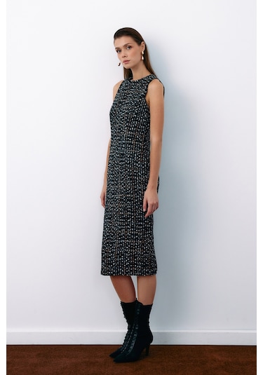 Sateen Kolsuz Tüvit Kalem Elbise - Siyah-135068 Siyah