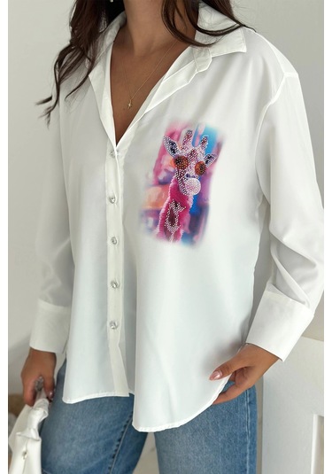 Zürafa Desen Baskılı Taşlı Gömlek Beyaz
