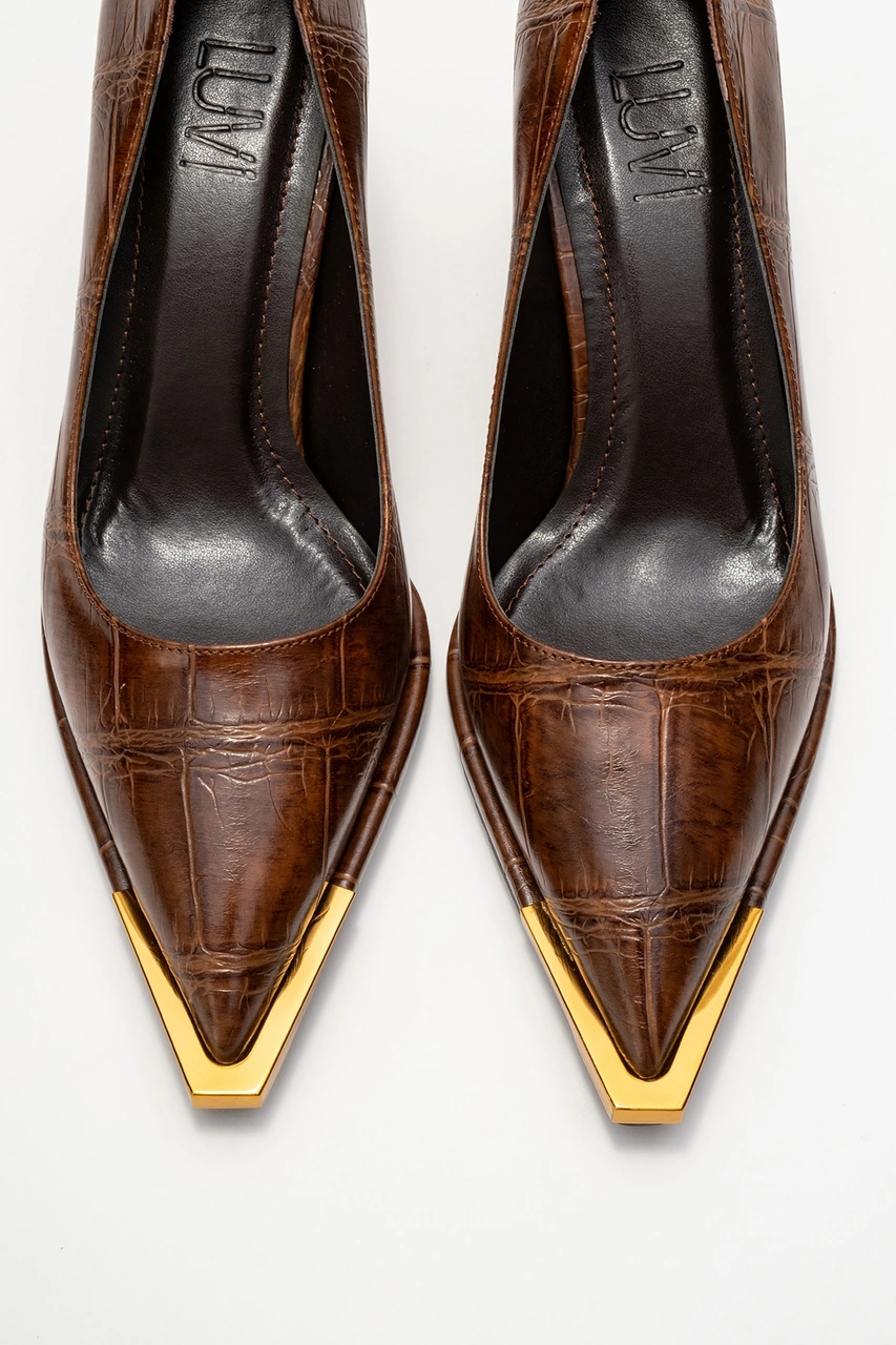 Lıora Kahverengi Baskı Altın Detaylı Kadın Blok Topuklu Topuklu Ayakkabı Kahverengi