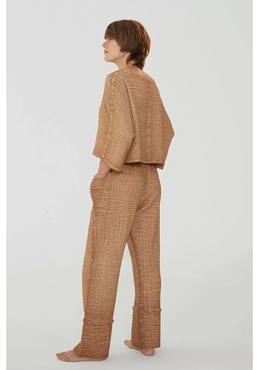 Kahverengi Yüksek Kalite Pamuk Truvakar Kollu Üst-yüksek Belli Pantolon Takım Kahverengi