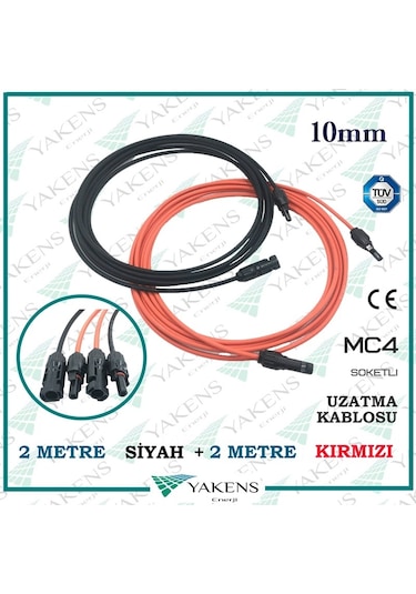 Güneş Paneli Uzatma Kablosu 2m+2m 10mm Çift Taraflı Mc4 Soketli Solar Ara Kablo Siyah Kırmızı