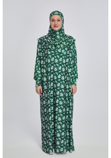 Pratik Tek Parça Manolya Desenli Namaz Elbisesi Zümrüt Zümrüt Yeşili