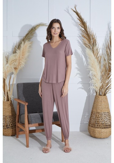 Kadın Kısa Kol Vizon Pijama Takım C0t1n951 001