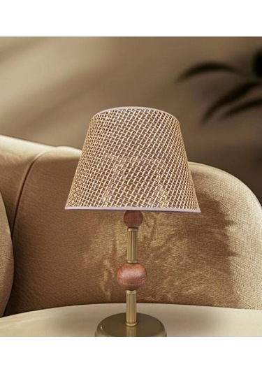 Çift Ahşaplı Abajur Eskitme Rattan Kahverengi Şapkalı Kahverengi