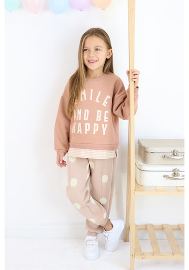 Kız Çocuk Smile And Happy Baskılı Kalın Eşofman Takımı Açık Kahverengi