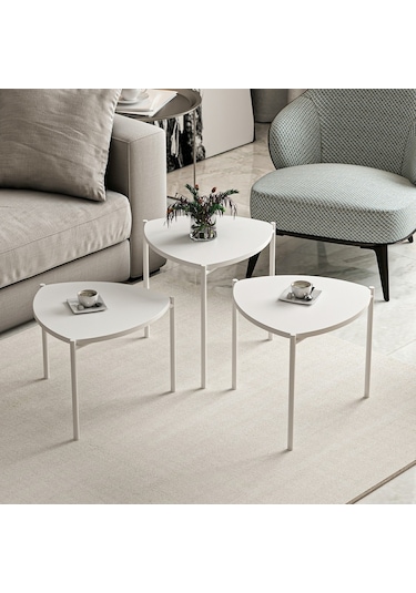 Minar Lenny 3 Lü Metal Ayaklı Zigon Sehpa - Beyaz