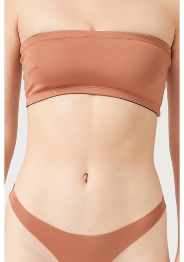 Straplez Crop Top Büstiyer Sütlü Kahve Sütlü Kahverengi