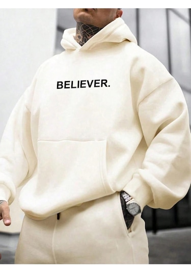 Erkek Believer Baskılı Oversize Kapşonlu Sweatshirt 001
