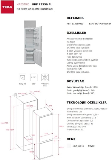 Teka RBF 73350 FI 242 L No Frost Ankastre Buzdolabı