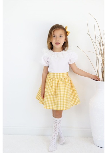 Kız Çocuk Daisy Bisiklet Yaka Dantel Detaylı Kısa Kollu Bluz Ekoseli Etek Toka 3lü Takım Tkm-0189.4 Sarı