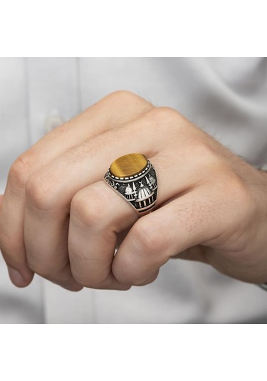 Cami Motifli Kaplan Gözü Taşlı 925 Gümüş Erkek Yüzük